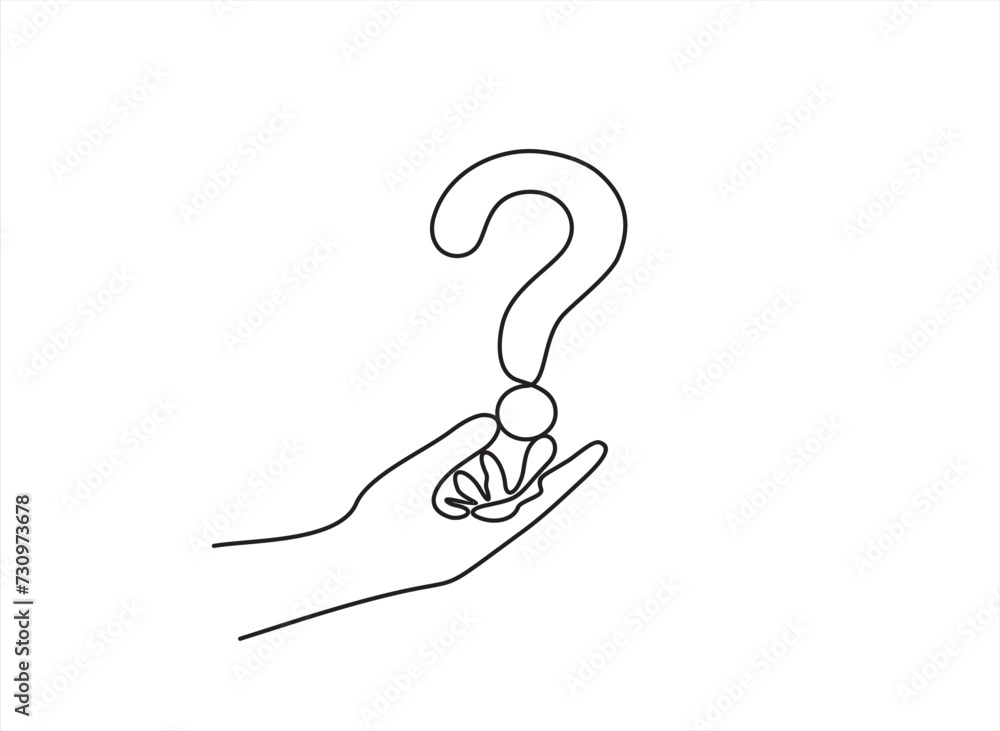Poster hand holds question mark one line art, hand drawn asking sign, idea continuous contour. query faq co