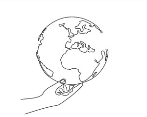 Single one line drawing of hands hold round earth. Globe icon silhouette for world protect concept. Infographics, business presentation isolated on white background. Design vector graphic illustration