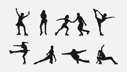 Set silhouettes of figure skating. Sport, athlete, winter, activity theme. Isolated on white background. Vector illustration.