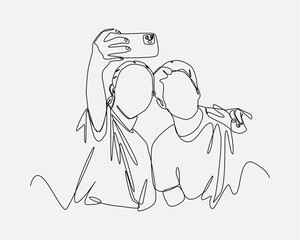 Continuous one line drawing of two friends, boy and girl taking selfies with smartphone. Editable stroke. Vector illustration.