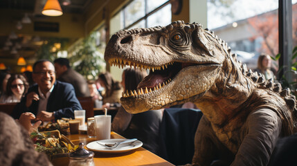 dinasour head figure sitting on chair using and eating in restaurant. Animal Food Concept