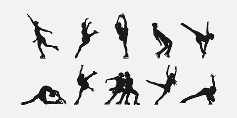 Set silhouettes of figure skating. Sport, athlete, winter, activity theme. Isolated on white background. Vector illustration.