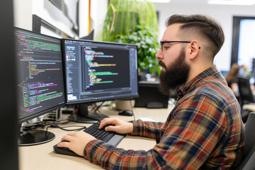 Bearded Programmer Engaged in Coding Session