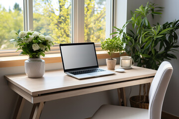 Home office interior with desk, flower pots and laptop.