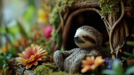 closeup photography Sloth doll, with its cute sleepy eyes and slow-motion pose, arranged in a dollhouse-inspired tropical rainforest setting