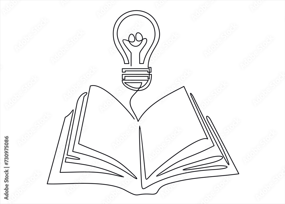 Aufkleber light bulb above book continuous one line art drawing. line drawing open book with lamp idea symbol.