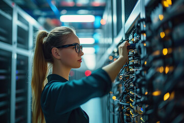 female engineer in a data center  server maintenance