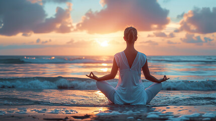 woman doing yoga on the beach.
