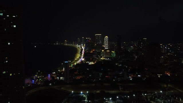 Top view aerial video of Nha Trang city at night. 4K
