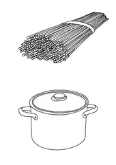Pot and spaghetti - hand-drawn illustration and digital colorized, white fill on transparent background 