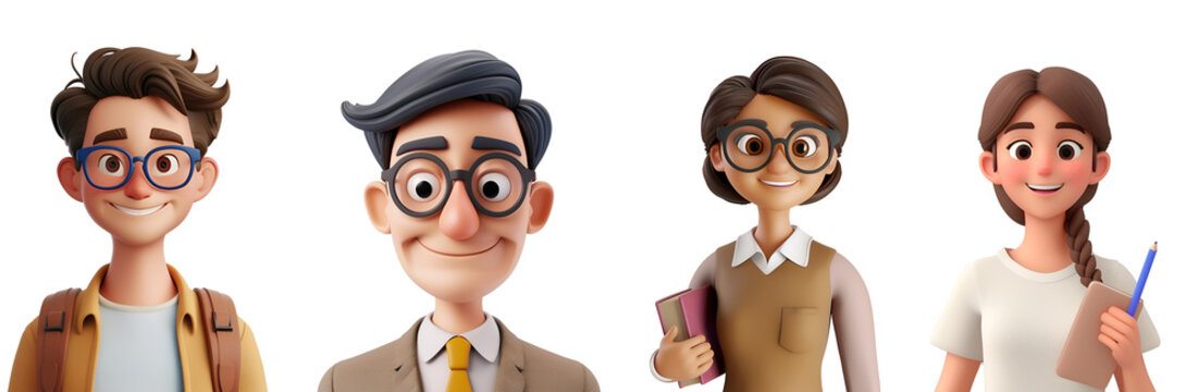 Close-Up Portrait of Happy Male and Female Teachers and Students: A Simple 3D Cartoon Render, Isolated on Transparent Background, PNG