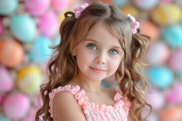 Fototapeta na wymiar Girl with curly hair and blue eyes in pink ruffled dress, gazes softly against pastel balloon backdrop. poses with innocent expression among balloons