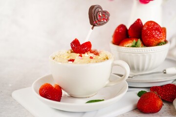 Strawberry shortcake mugcake - Valentines day microwave  cake in a mug for two, selective focus