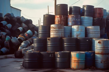 Fotobehang Oil drums dump. Pile of oil drums in landfill. Mound of oil drums near petrochemical plant. Oil barrels garbage at oil refinery. Gallon drum and Steel barrels for chemistry. © MaxSafaniuk
