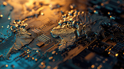 A glowing, orange digital world map overlays a dark, intricate circuit board, symbolizing global connectivity and technology. 