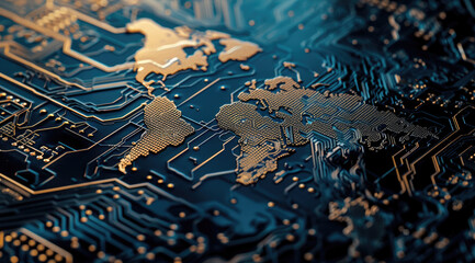 A glowing, orange digital world map overlays a dark, intricate circuit board, symbolizing global connectivity and technology.  - obrazy, fototapety, plakaty