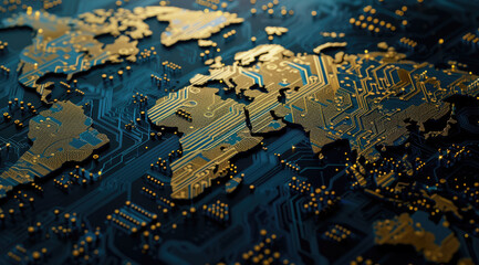A glowing, orange digital world map overlays a dark, intricate circuit board, symbolizing global connectivity and technology. 