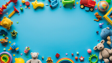 Frame of Kids' Toys on Blue Background: Copy Space