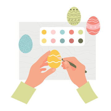 person decorating easter egg with paint brush. Easter celebration preparation. Tradition of painting egg. vector illustration. workplace.