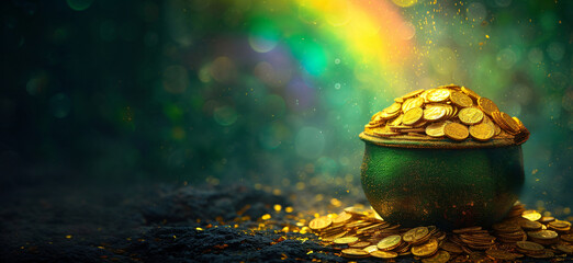 Gold pot full of coins on blurred green background with colorful rainbow. Fantasy fairy tail background. St. Patrick's day holiday symbol. Template for design card, invitation, banner
