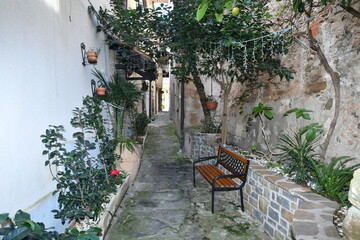 A narrow street in Castellabate, a medieval village on the coast of Campania, Italy..