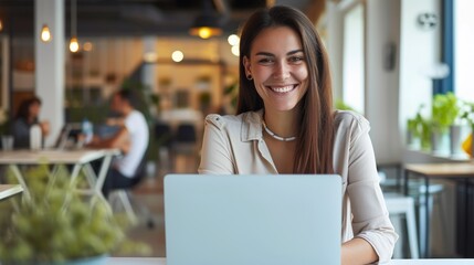 Fototapeta premium Beautiful cheerful young woman looking forward with laptop