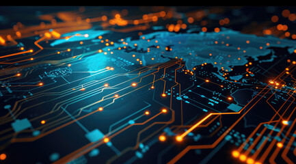 A glowing, orange digital world map overlays a dark, intricate circuit board, symbolizing global connectivity and technology. 