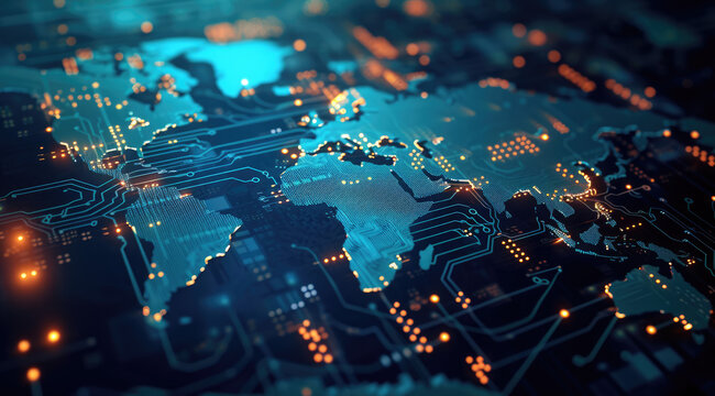 A glowing, orange digital world map overlays a dark, intricate circuit board, symbolizing global connectivity and technology. 