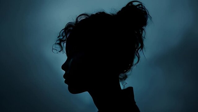 A dark silhouette of a woman's profile against a moody, blue background