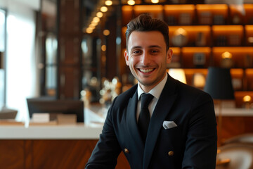 Fototapeta premium At the Helm of Service: Italian Hotel Manager in Action