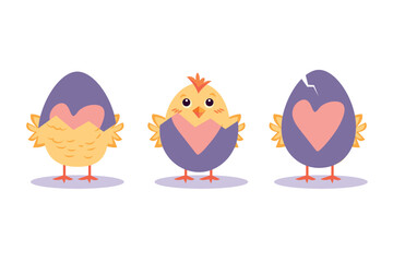 Set with cute chicks in cracked Easter egg shells, chicken with shell on head. Vector illustration of elements for celebrating Easter and Egg Hunt.