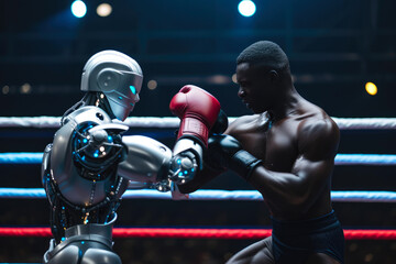 Fototapeta na wymiar Metallic Challenger: Robot vs. Boxer Showdown