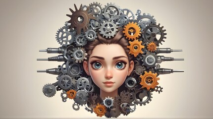 The girl is a cartoon with different gears organically woven into her hair. 
