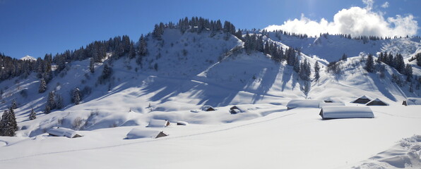 les petits chalets de Lens dans le val d'Abondance en Haute-Savoie dans les Alpes sont sous une épaisse couche de neige
