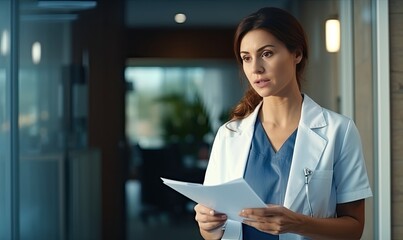 The Knowledge Seeker: A Woman in a White Coat Examining a Piece of Paper