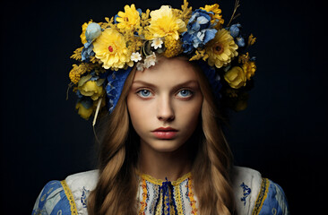 a woman with a flower crown on her head and blue eyes and a blue dress with yellow flowers on her head, generative ai
