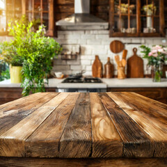 Wooden table or surface on the background of a beautiful kitchen