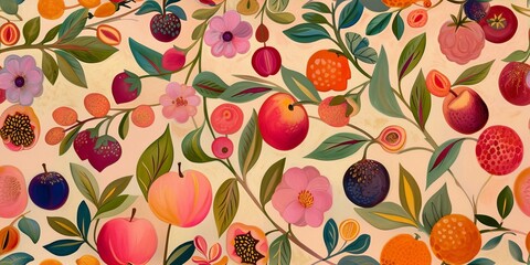  Vibrant hand-painted floral and fruit seamless pattern with colorful blooms and ripe oranges, plums, and peaches on a bright background. Botanical wallpaper.