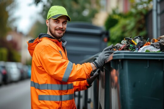 Man in Orange Jacket and Green Hat Next to Trash Can, street cleaning, garbage cleaning, 