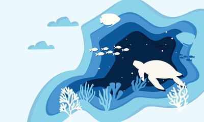 sea underwater layered vector illustration. sea life water in paper cut out style template.