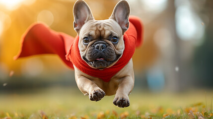 Cute french bulldog with a red cloak jumping and flying 
