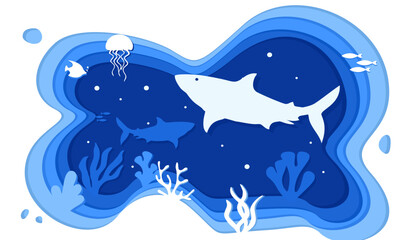 sea underwater layered vector illustration. sea life water in paper cut out style template.