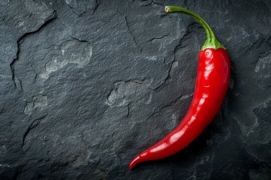 Single red chili pepper on a black slate background