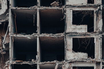 destroyed and burned houses in the city Russia Ukraine war - obrazy, fototapety, plakaty