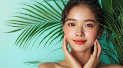 Woman With Green Plant, beauty concept background with woman face model