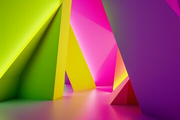 3d render style geometric shapes abstract background, highlighter neon green, pink, purple and yellow