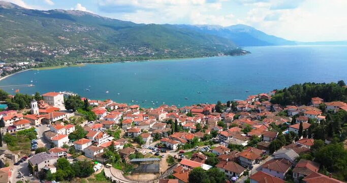 Aerial view North Macedonia. Top view to Lake Ohrid, Ohrid town. 