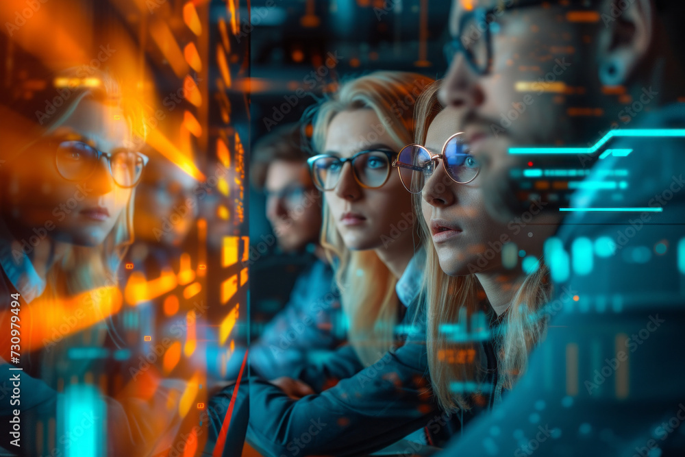Poster data scientists work and professional engineer provide maintenance in data center, technology and bi