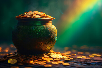 Gold pot full of coins on blurred green background with colorful rainbow. Fantasy fairy tail background. St. Patrick's day holiday symbol. Template for design card, invitation, banner