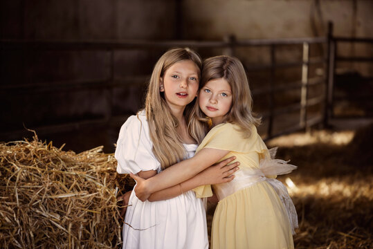 Two girls sisters, friend, 9 years old blondes in white and yellow beautiful dresses cuddled and hug each other in the stable against the background of hay, the concept of sisters, friendship, village